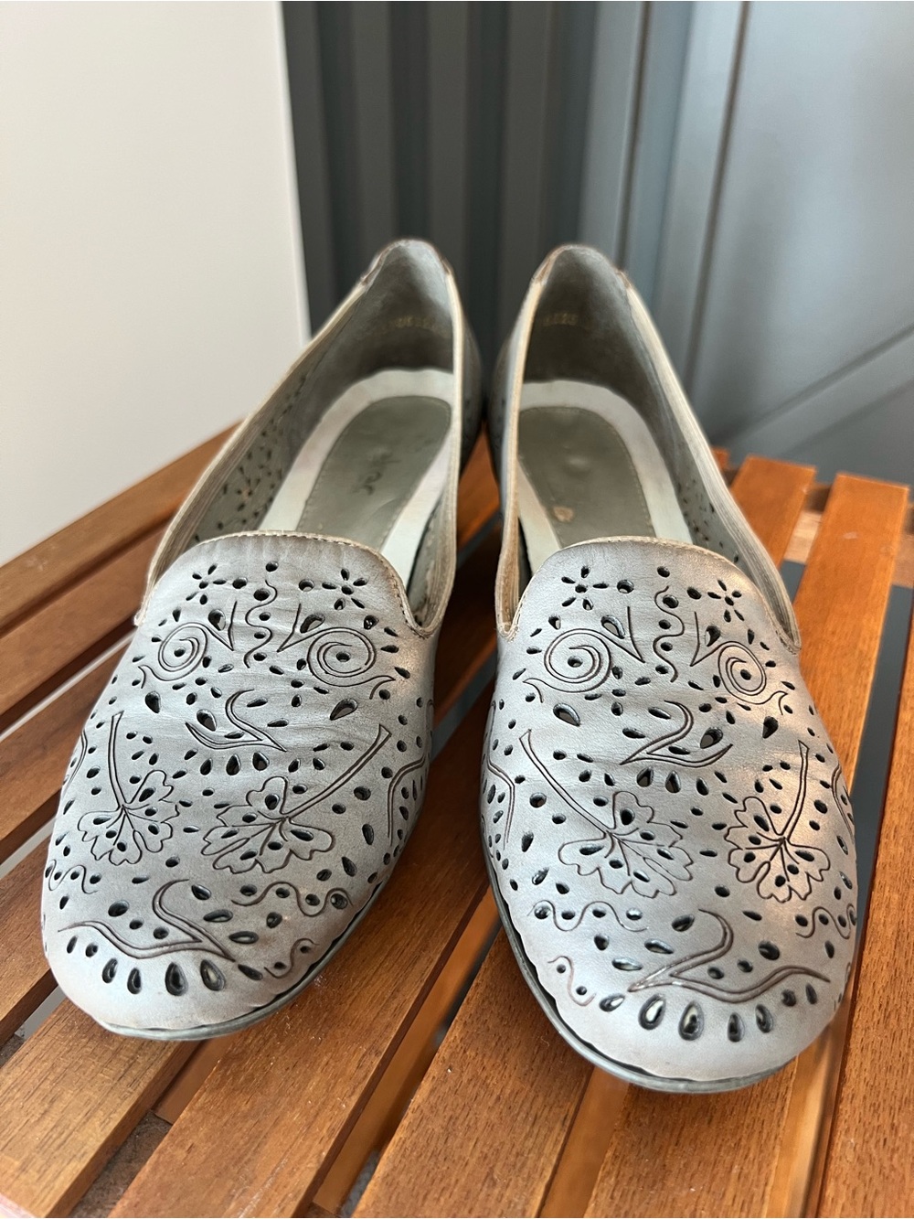 Rieker Grey Laser-Cut Floral Slip-On Loafers